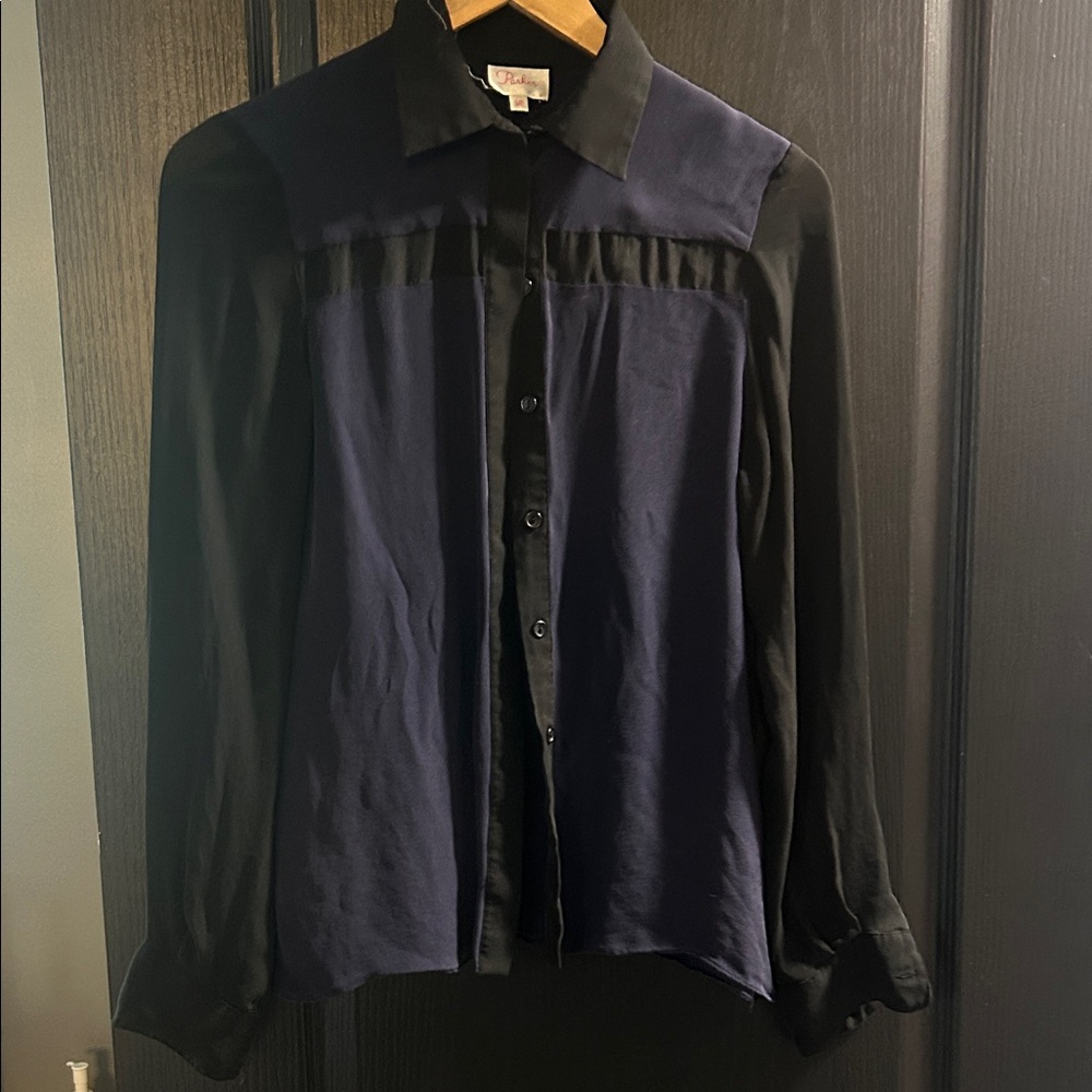 Parker Colorblock Silk Blouse, Size Small,  Navy and Black, 100% Silk, Button Up